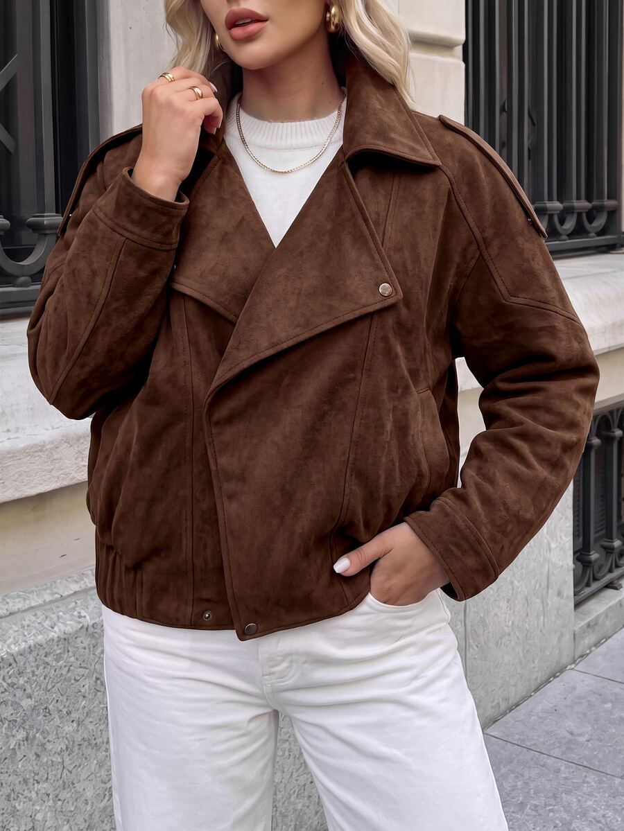 SHEIN LUNE Plus Size Women's Solid Color Long Sleeve Zipper Front Casual Jacket - Mocha Brown - View 1