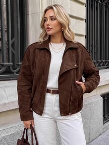 SHEIN LUNE Plus Size Women's Solid Color Long Sleeve Zipper Front Casual Jacket - Mocha Brown - View 5