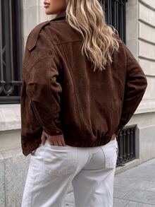 SHEIN LUNE Plus Size Women's Solid Color Long Sleeve Zipper Front Casual Jacket - Mocha Brown - View 2