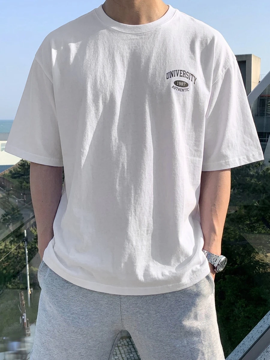 DAZY Summer Letter Print Round Neck White Men's T-Shirt - White - View 1