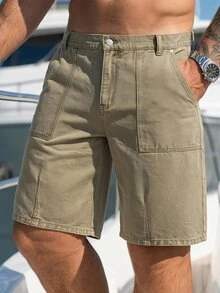 DAZY Quần short denim nam size lớn màu kaki giặt mài rách phong cách mùa thu - Màu Khaki - Xem 1