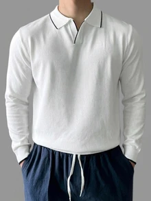 DAZY Spring/Autumn Long Sleeve Half-Button Solid White/Black Trim Men's Knit Top - White - View 5