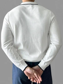 DAZY Spring/Autumn Long Sleeve Half-Button Solid White/Black Trim Men's Knit Top - White - View 2