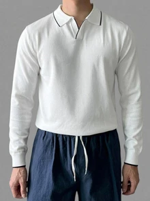 DAZY Spring/Autumn Long Sleeve Half-Button Solid White/Black Trim Men's Knit Top - White - View 4