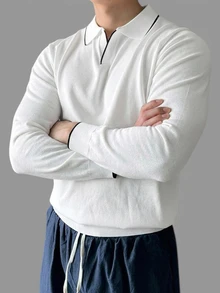 DAZY Spring/Autumn Long Sleeve Half-Button Solid White/Black Trim Men's Knit Top - White - View 7