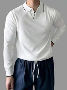 DAZY Spring/Autumn Long Sleeve Half-Button Solid White/Black Trim Men's Knit Top - White - View 6