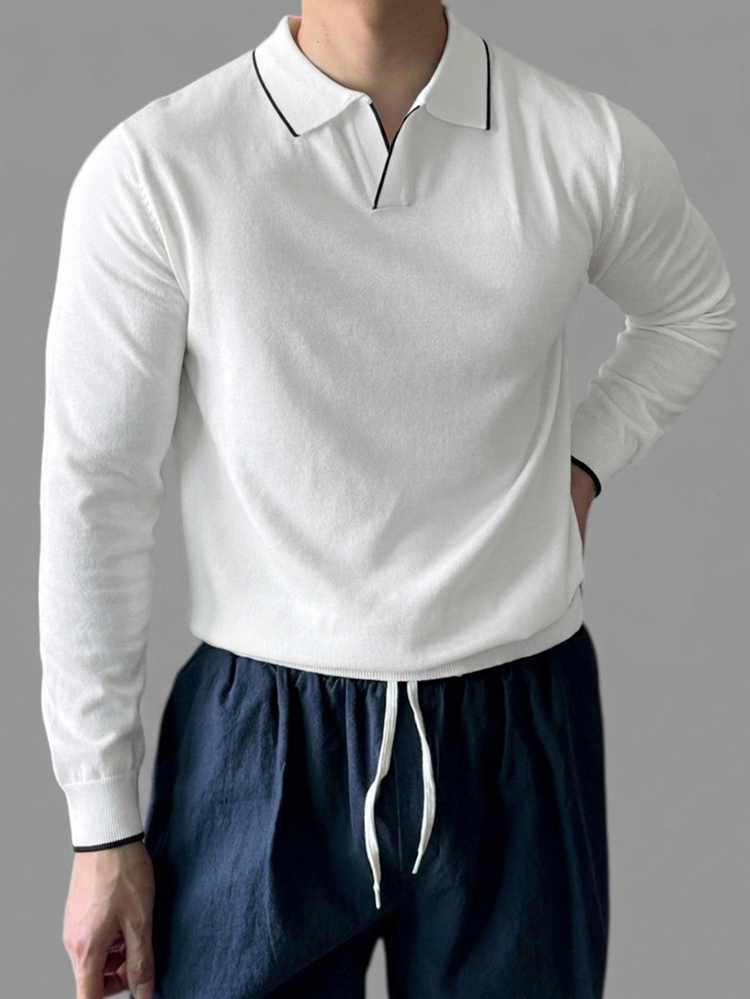 DAZY Spring/Autumn Long Sleeve Half-Button Solid White/Black Trim Men's Knit Top - White - View 6