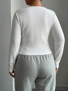 Dazy Plus Solid Color Casual Slim Fit Street Style V-Neck Versatile Long Sleeve White Spring/Autumn New T-Shirt - White - View 3
