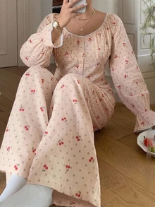 Dazy Plus Sweet Cherry Polka Dot Print Wide Neck Ruffle Trim 2-Piece Pajama Set, Spring/Autumn - Dusty Pink - View 3