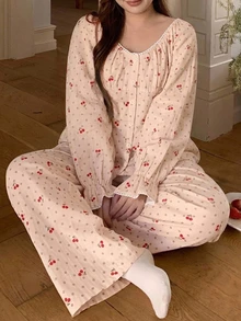 Dazy Plus Sweet Cherry Polka Dot Print Wide Neck Ruffle Trim 2-Piece Pajama Set, Spring/Autumn - Dusty Pink - View 2