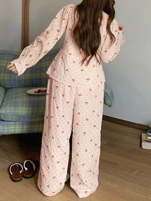 Dazy Plus Sweet Cherry Polka Dot Print Wide Neck Ruffle Trim 2-Piece Pajama Set, Spring/Autumn - Dusty Pink - View 4