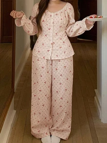 Dazy Plus Sweet Cherry Polka Dot Print Wide Neck Ruffle Trim 2-Piece Pajama Set, Spring/Autumn - Dusty Pink - View 1