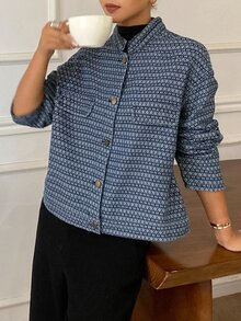 DAZY Women's Floral Print Stand Collar Long Sleeve Casual Vacation Spring Autumn Denim Jacket And Outerwear - Blue - View 6