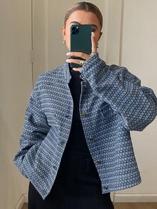 DAZY Women's Floral Print Stand Collar Long Sleeve Casual Vacation Spring Autumn Denim Jacket And Outerwear - Blue - View 3