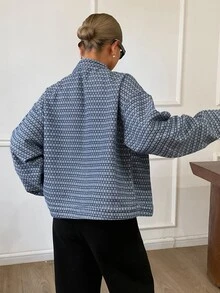 DAZY Women's Floral Print Stand Collar Long Sleeve Casual Vacation Spring Autumn Denim Jacket And Outerwear - Blue - View 2
