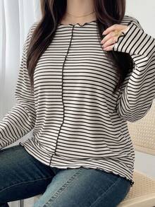 Dazy Plus Super Loose Striped Black And White Short Sleeve Summer T-Shirt - Beige - View 1