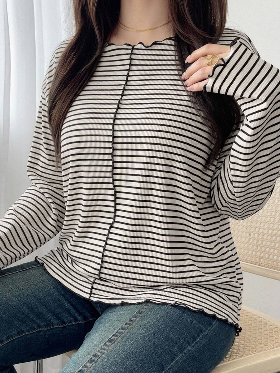 Dazy Plus Super Loose Striped Black And White Short Sleeve Summer T-Shirt - Beige - View 1