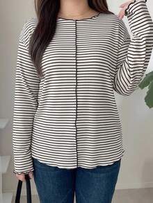 Dazy Plus Super Loose Striped Black And White Short Sleeve Summer T-Shirt - Beige - View 3