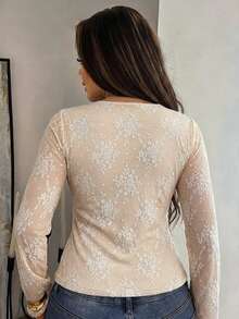 Dazy Plus Square Neck Lace Mesh Floral Print Fitted Elegant Versatile Base Layer Long Sleeve T-Shirt For Spring And Autumn - Apricot - View 5