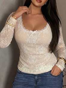 Dazy Plus Square Neck Lace Mesh Floral Print Fitted Elegant Versatile Base Layer Long Sleeve T-Shirt For Spring And Autumn - Apricot - View 4