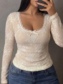 Dazy Plus Square Neck Lace Mesh Floral Print Fitted Elegant Versatile Base Layer Long Sleeve T-Shirt For Spring And Autumn - Apricot - View 2