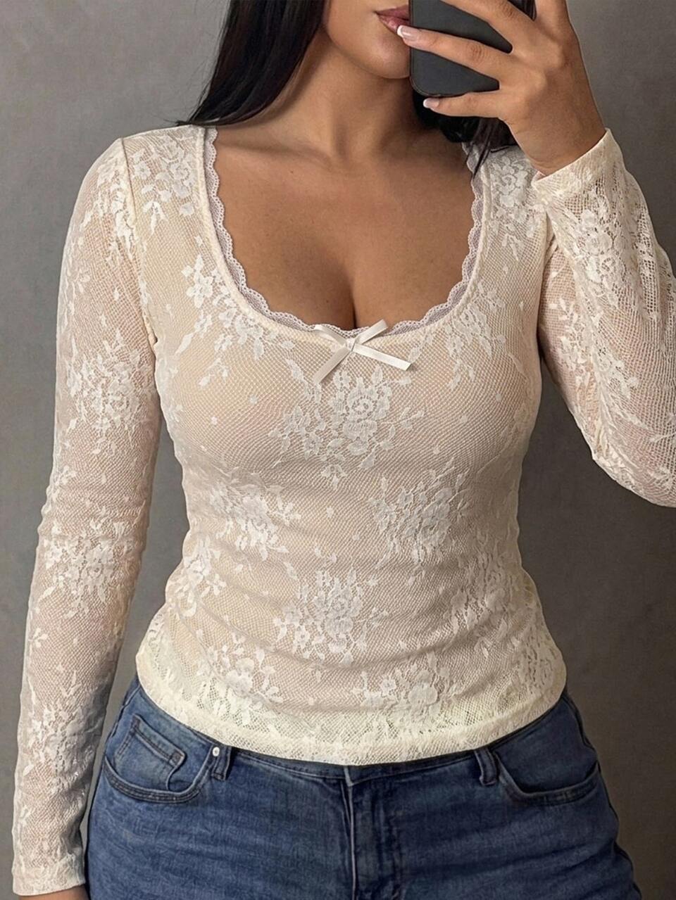 Dazy Plus Square Neck Lace Mesh Floral Print Fitted Elegant Versatile Base Layer Long Sleeve T-Shirt For Spring And Autumn
