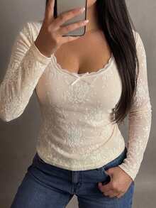 Dazy Plus Square Neck Lace Mesh Floral Print Fitted Elegant Versatile Base Layer Long Sleeve T-Shirt For Spring And Autumn - Apricot - View 3