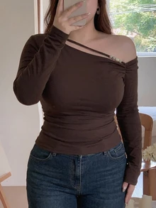 Dazy Plus Asymmetrical Shoulder Long Sleeve Beaded Decor Patchwork Fitted Sexy Brown Spring Autumn T-Shirt - Brown - View 1