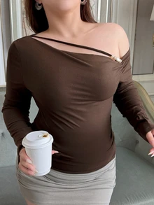 Dazy Plus Asymmetrical Shoulder Long Sleeve Beaded Decor Patchwork Fitted Sexy Brown Spring Autumn T-Shirt - Brown - View 6