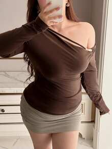 Dazy Plus Asymmetrical Shoulder Long Sleeve Beaded Decor Patchwork Fitted Sexy Brown Spring Autumn T-Shirt - Brown - View 4
