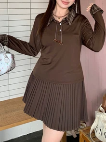 Dazy Plus Kaos Lengan Panjang Kasual Gaya Korea Motif Kotak-kotak Cokelat dengan Kerah dan Kancing Setengah di Depan untuk Anak Perempuan, Atasan Lucu Terbaru untuk Musim Semi/Gugur - Coklat - View 7