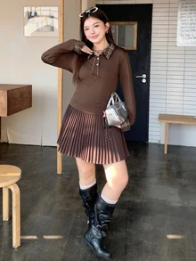 Dazy Plus Kaos Lengan Panjang Kasual Gaya Korea Motif Kotak-kotak Cokelat dengan Kerah dan Kancing Setengah di Depan untuk Anak Perempuan, Atasan Lucu Terbaru untuk Musim Semi/Gugur - Coklat - View 5