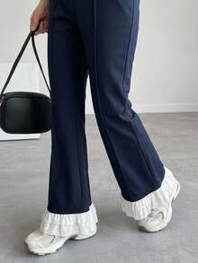 DAZY Women's Colorblock Patchwork Ruffle Hem Flare Leg Pants Autumn Garden Party Pool Party Navy Blue Elegant - Navy Blue - View 6