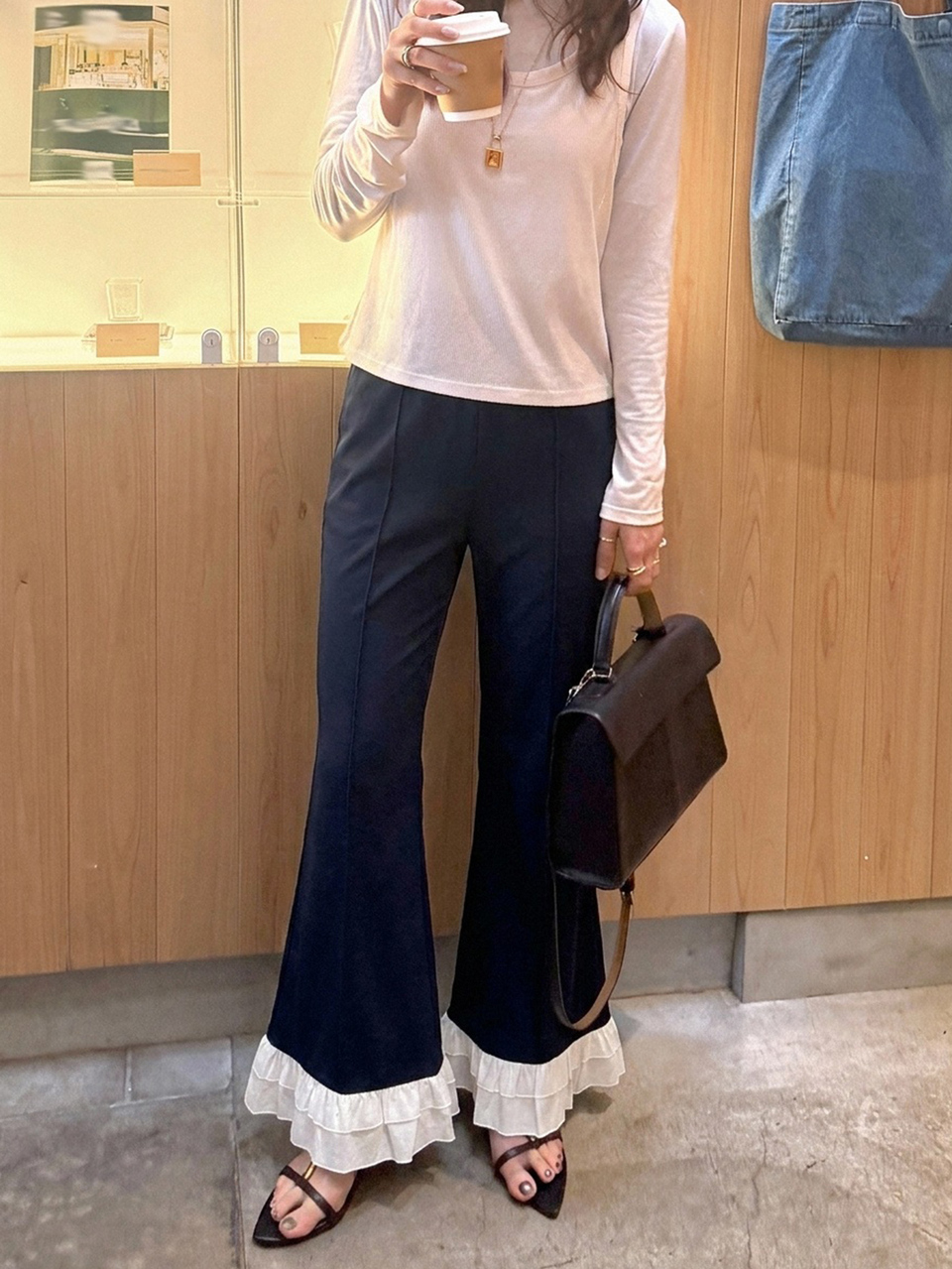 Women's Colorblock Patchwork Ruffle Hem Flare Leg Pants Autumn Garden Party Pool Party Navy Blue Elegant