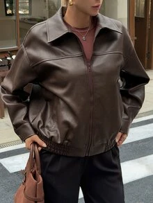 DAZY Chaqueta de cuero de motocicleta corta de manga larga con solapa de cuero PU marrón oscuro para mujer, estilo casual holgado para calle, transporte y actividades al aire libre - Marrón Chocolate - Ver 7