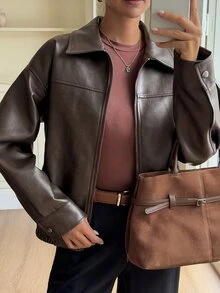 DAZY Chaqueta de cuero de motocicleta corta de manga larga con solapa de cuero PU marrón oscuro para mujer, estilo casual holgado para calle, transporte y actividades al aire libre - Marrón Chocolate - Ver 6