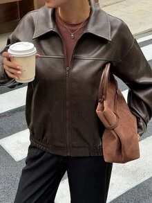 DAZY Chaqueta de cuero de motocicleta corta de manga larga con solapa de cuero PU marrón oscuro para mujer, estilo casual holgado para calle, transporte y actividades al aire libre - Marrón Chocolate - Ver 5
