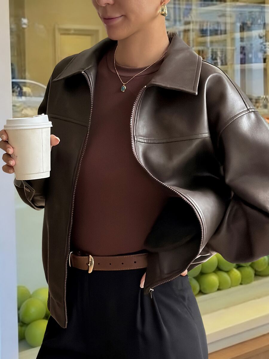 DAZY Chaqueta de cuero de motocicleta corta de manga larga con solapa de cuero PU marrón oscuro para mujer, estilo casual holgado para calle, transporte y actividades al aire libre - Marrón Chocolate - Ver 1