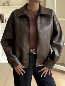 DAZY Chaqueta de cuero de motocicleta corta de manga larga con solapa de cuero PU marrón oscuro para mujer, estilo casual holgado para calle, transporte y actividades al aire libre - Marrón Chocolate - Ver 8