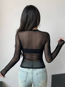 DAZY Women's Sheer Lace Round Neck Slim Fit Pullover T-Shirt Long Sleeve - Black - View 3