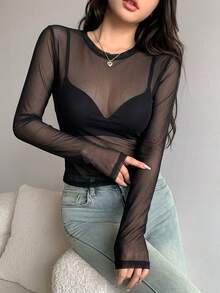 DAZY Women's Sheer Lace Round Neck Slim Fit Pullover T-Shirt Long Sleeve - Black - View 5
