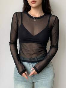 DAZY Women's Sheer Lace Round Neck Slim Fit Pullover T-Shirt Long Sleeve - Black - View 4