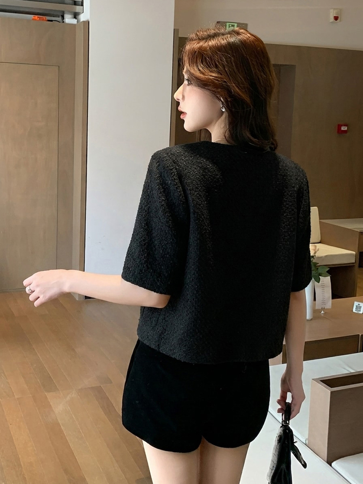 DAZY Women's Solid Color Button Decor Short Sleeve Overcoat - Black - View 2