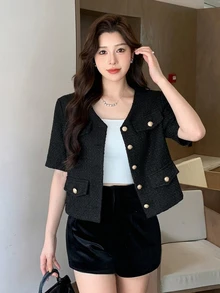 DAZY Women's Solid Color Button Decor Short Sleeve Overcoat - Black - View 3
