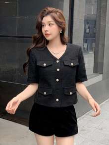 DAZY Women's Solid Color Button Decor Short Sleeve Overcoat - Black - View 5