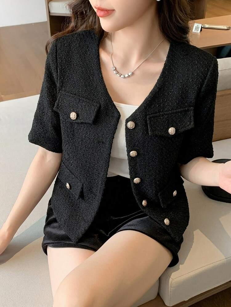DAZY Women's Solid Color Button Decor Short Sleeve Overcoat - Black - View 4