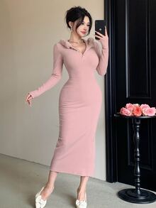DAZY Women's Autumn/Winter Casual Hooded Bodycon Dress - Pink - View 4