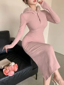 DAZY Women's Autumn/Winter Casual Hooded Bodycon Dress - Pink - View 3