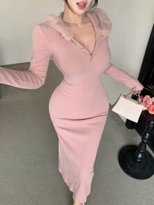 DAZY Women's Autumn/Winter Casual Hooded Bodycon Dress - Pink - View 1
