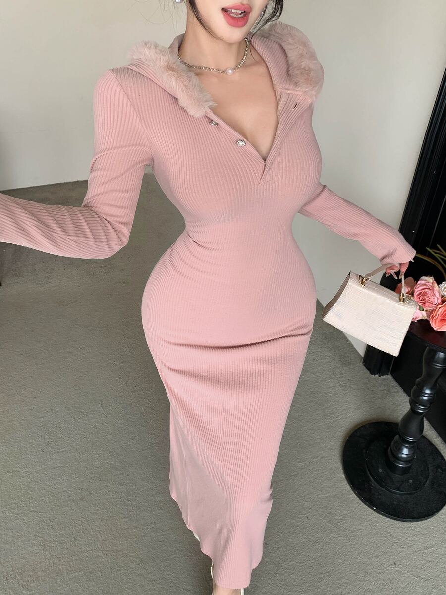 DAZY Women's Autumn/Winter Casual Hooded Bodycon Dress - Pink - View 1